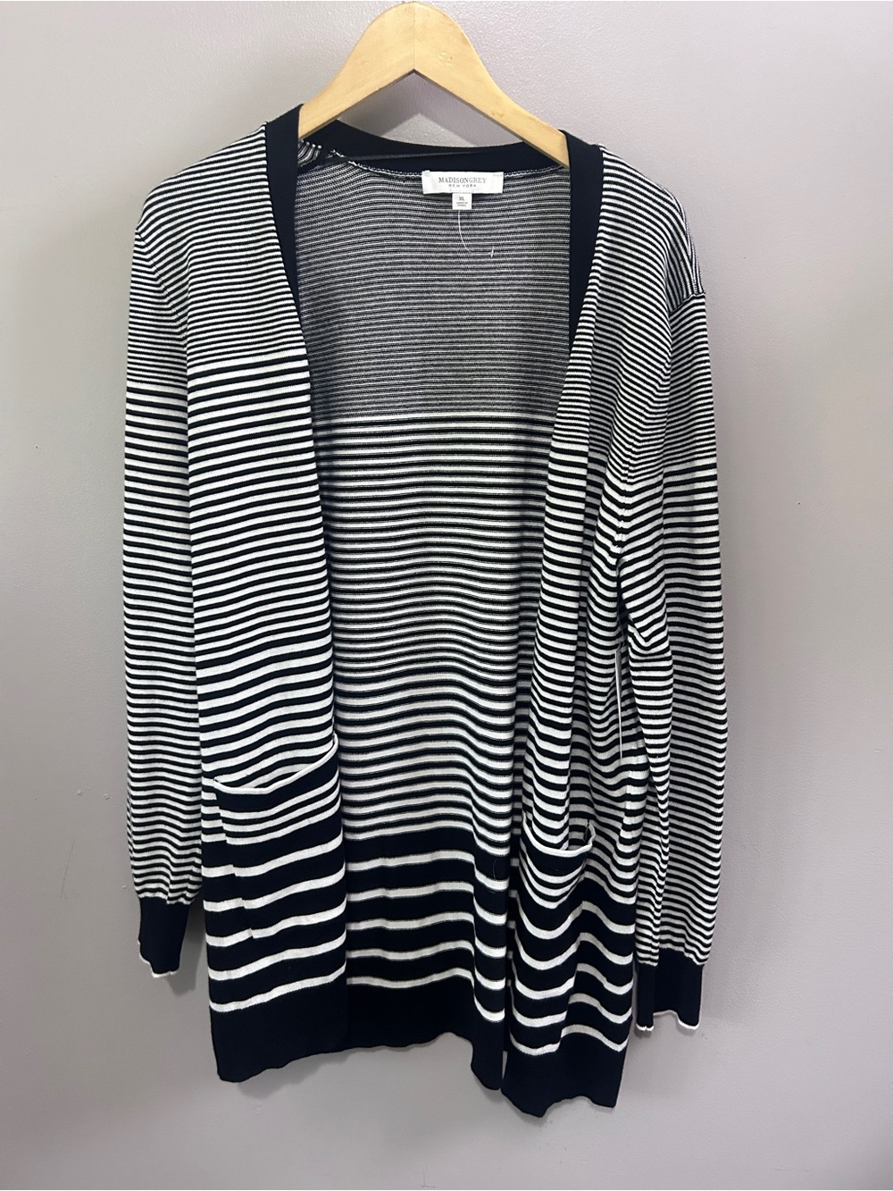 Madison Grey New York Striped Open Front Cardigan XL Black White  Sweater